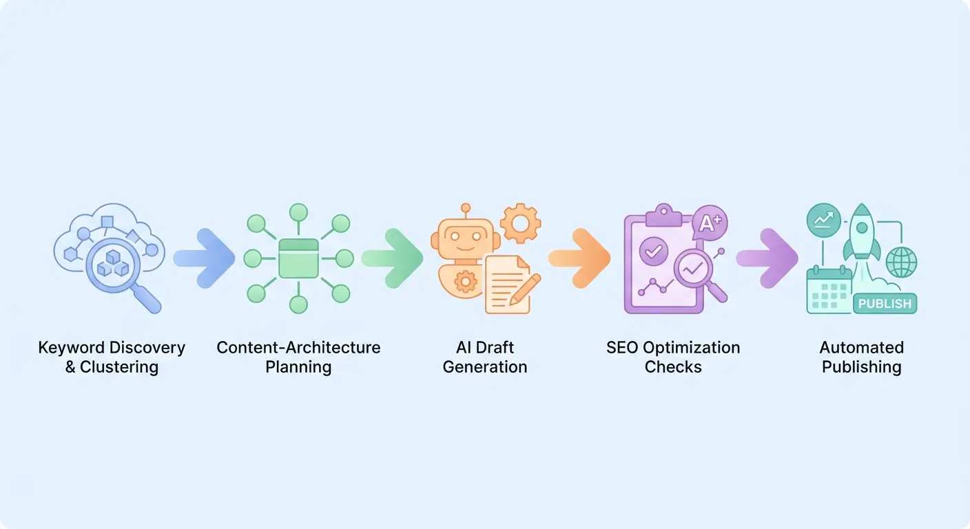 AI SEO content automation pipeline diagram showing keyword discovery, clustering, content architecture planning, AI draft generation, SEO optimization, and automated WordPress publishing