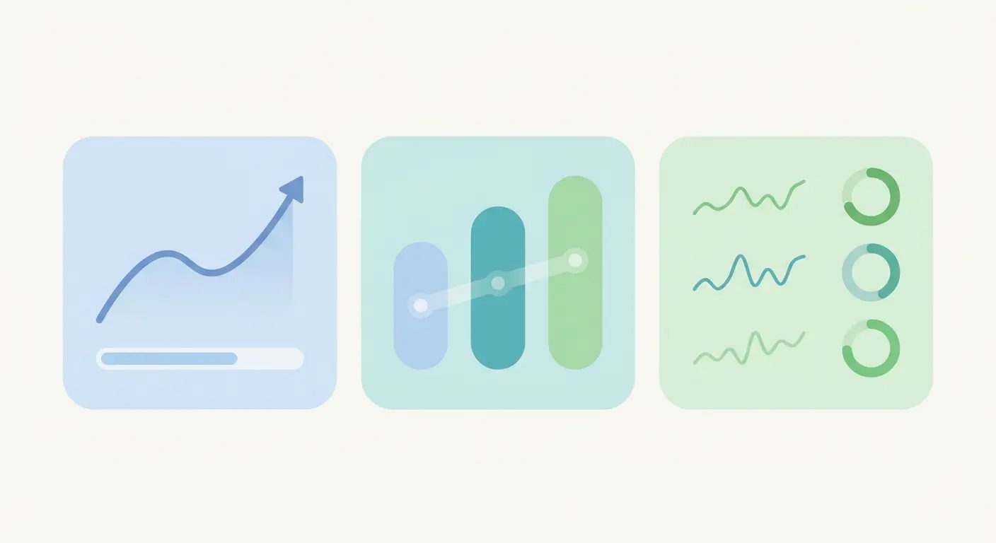 KPI dashboard tracking 30, 60, and 90-day organic traffic growth targets with rising line graph, bar chart, and sparkline visuals for AI SEO campaign performance