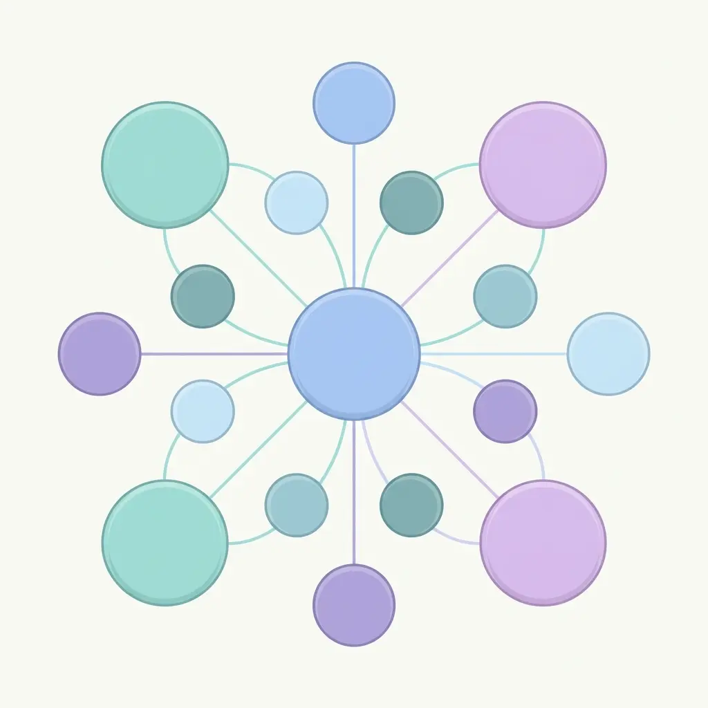 Topical Authority SEO keyword strategy diagram showing a central topic node linked to related semantic cluster nodes representing breadth and depth of coverage