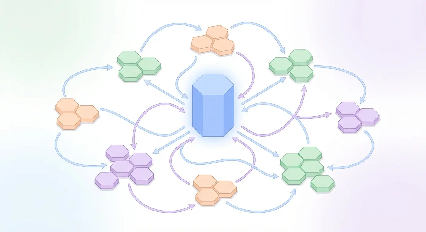Pillar-cluster content architecture diagram showing interconnected pillar and cluster nodes for AI SEO topical authority building