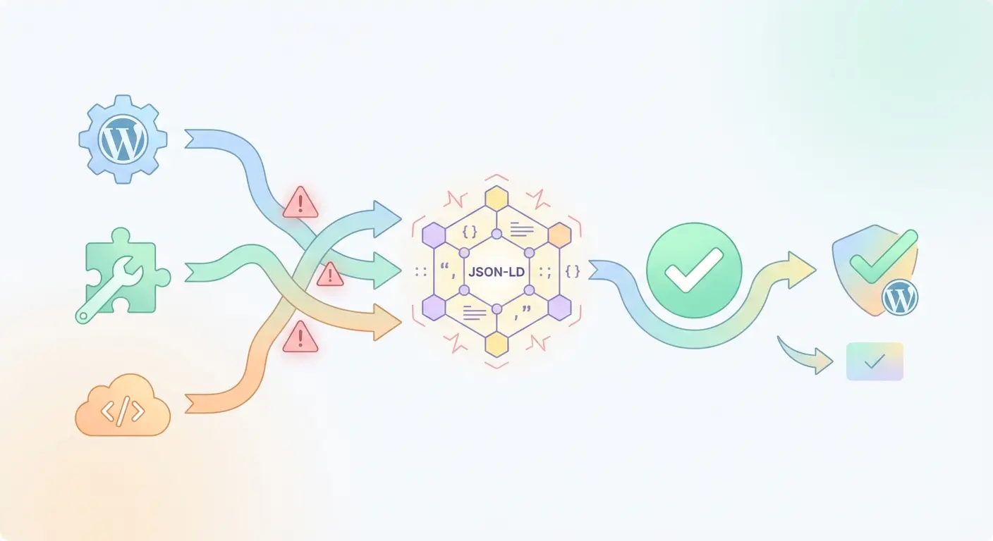 Flat-vector diagram showing WordPress plugin conflict resolution for JSON-LD schema markup — two plugin icons with arrows converging on a central data node, warning symbols and a checkmark indicating a fixed conflict