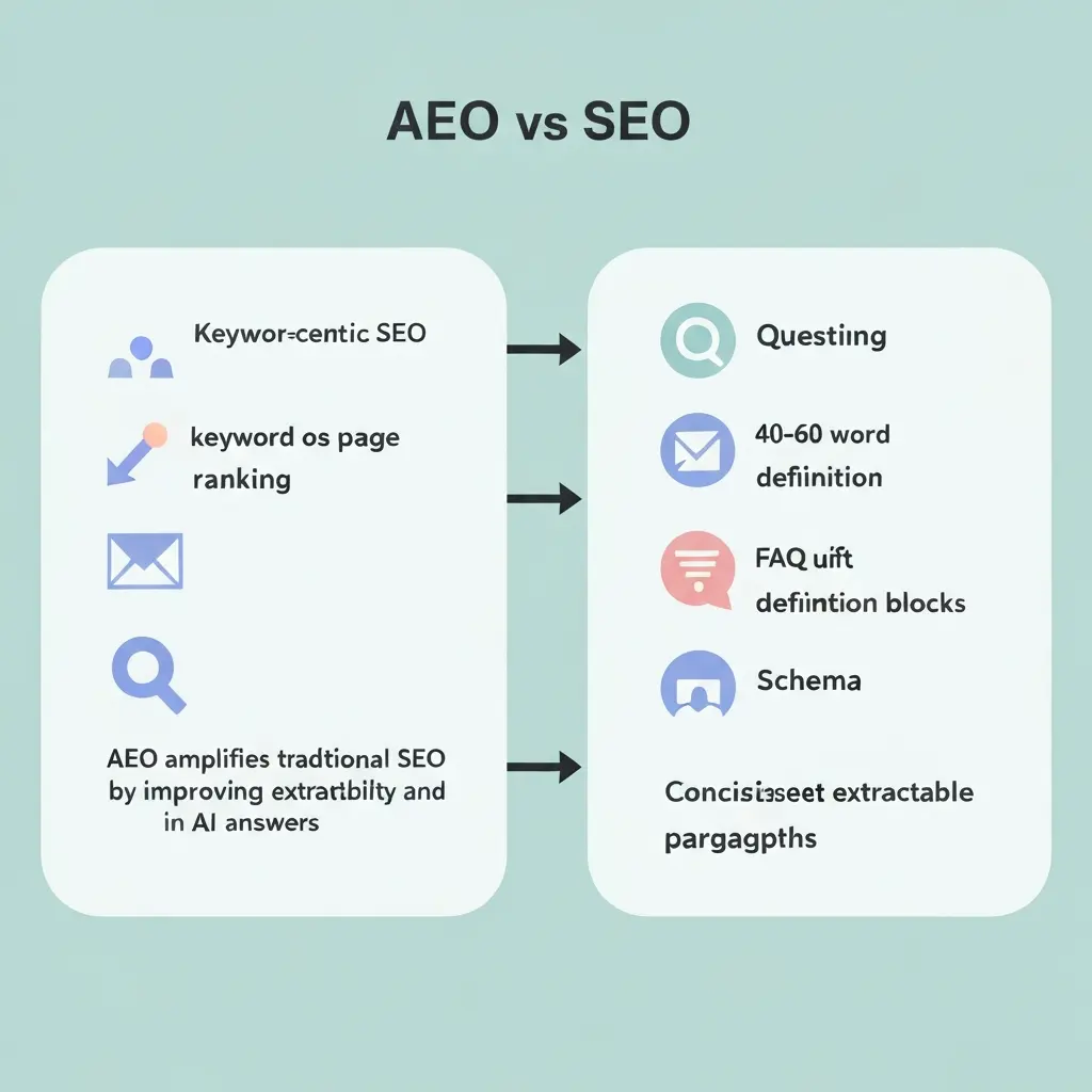 AEO vs SEO comparison diagram contrasting traditional keyword-based page ranking with answer engine optimization using question headings, definition blocks, and FAQ schema for AI citation