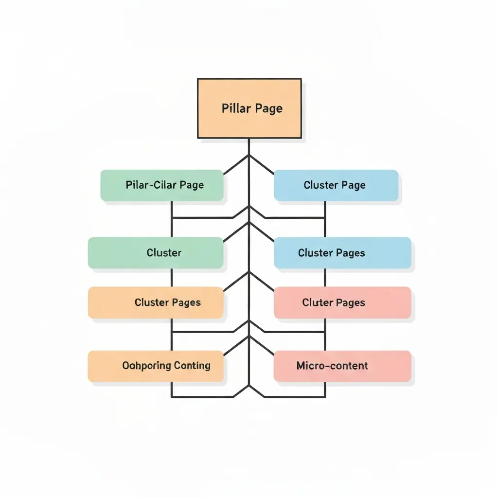 Topical map hierarchy diagram illustrating how pillar pages branch to cluster articles and supporting micro-content for comprehensive topic coverage