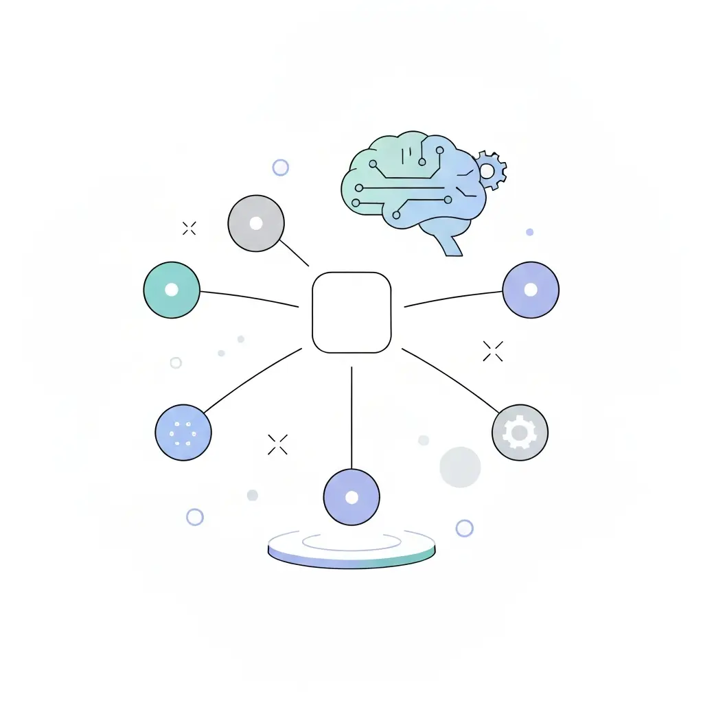 AI SEO content generation and topical authority overview showing pillar-cluster architecture and AI brain with circuit lines