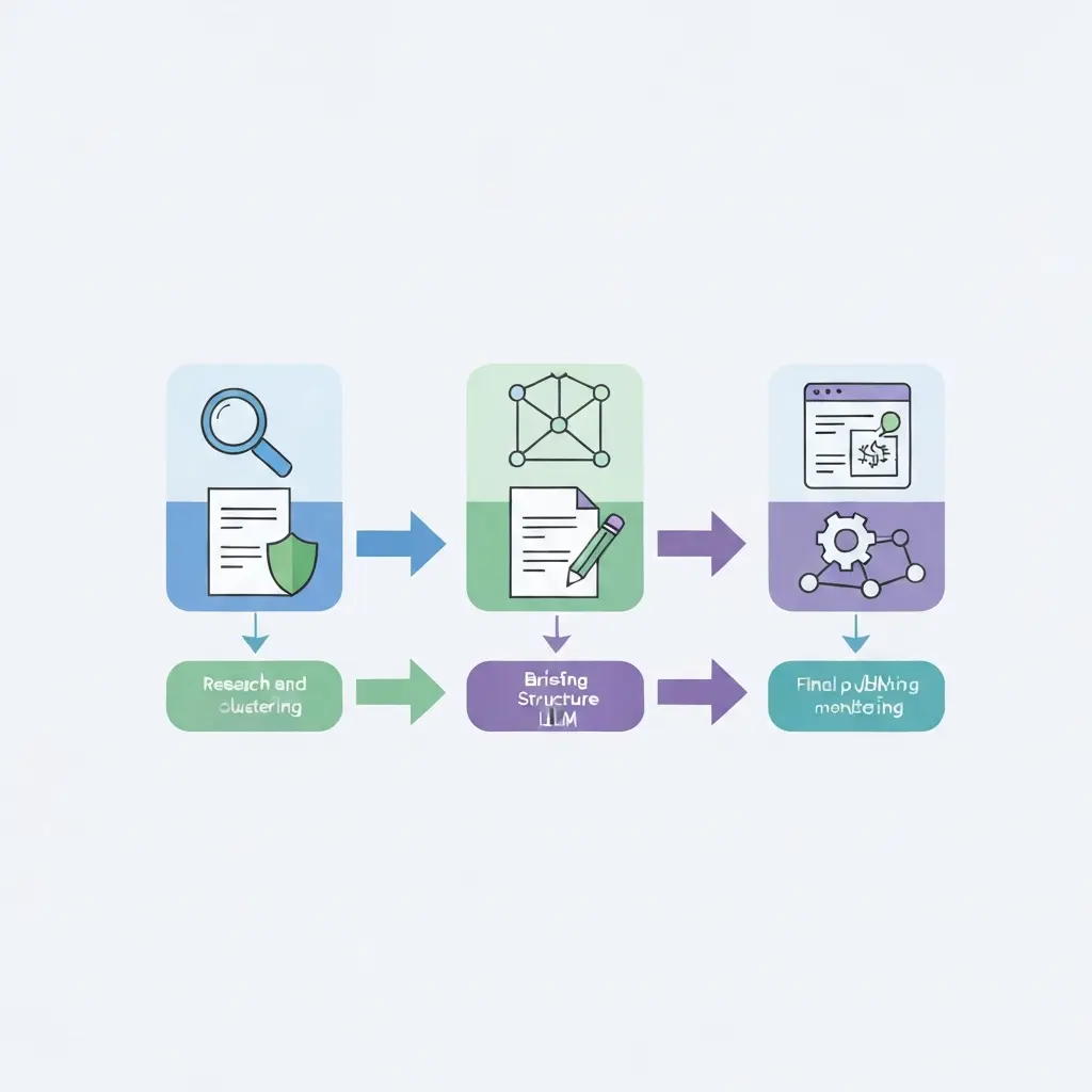 AI content generation for SEO end-to-end workflow diagram showing research, brief creation, LLM drafting, on-page optimization, and publishing in a clean flat vector style