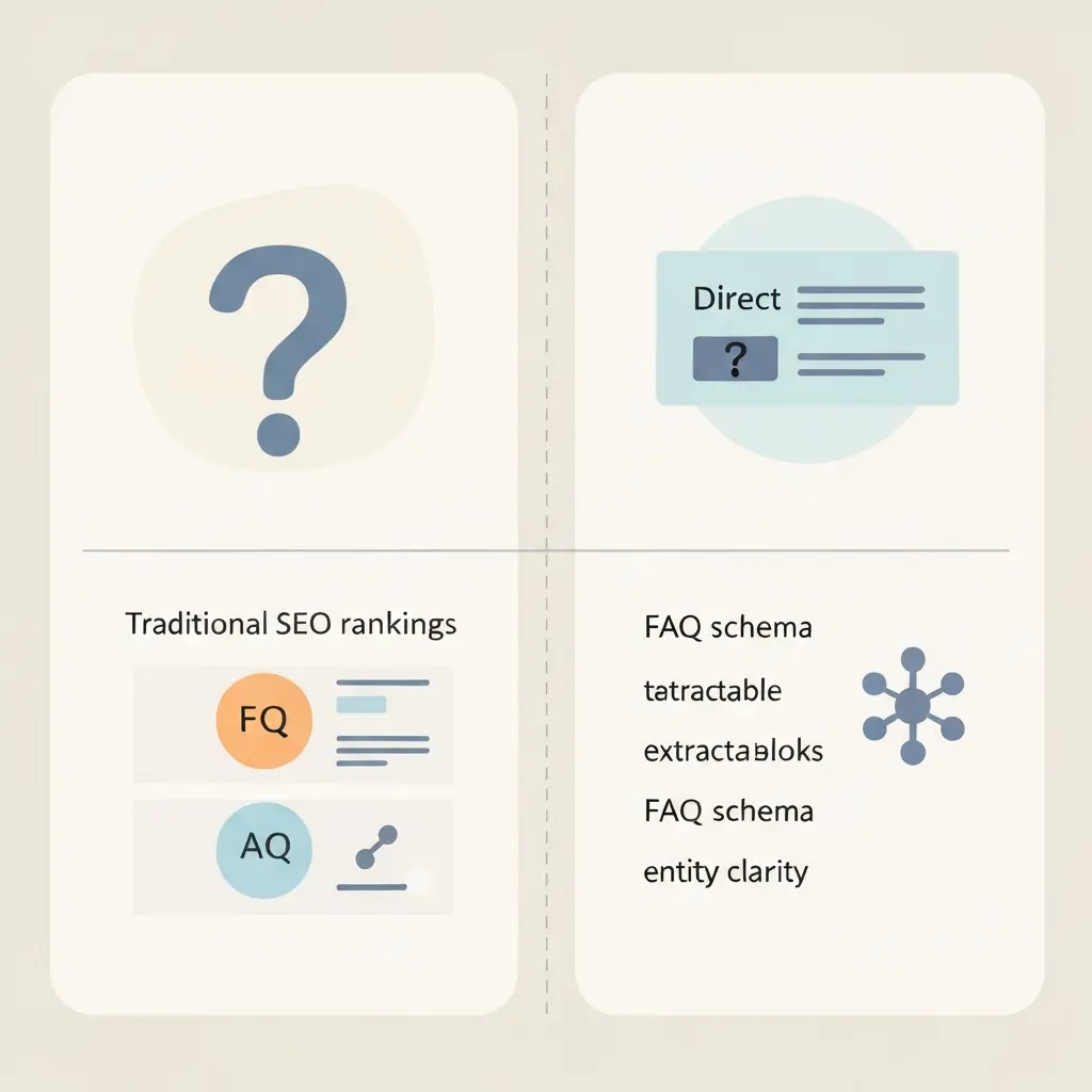 Comparison of traditional SEO and Answer Engine Optimization AEO in 2026 — two panels showing direct answer extraction, FAQ schema blocks, and knowledge graph entity clarity