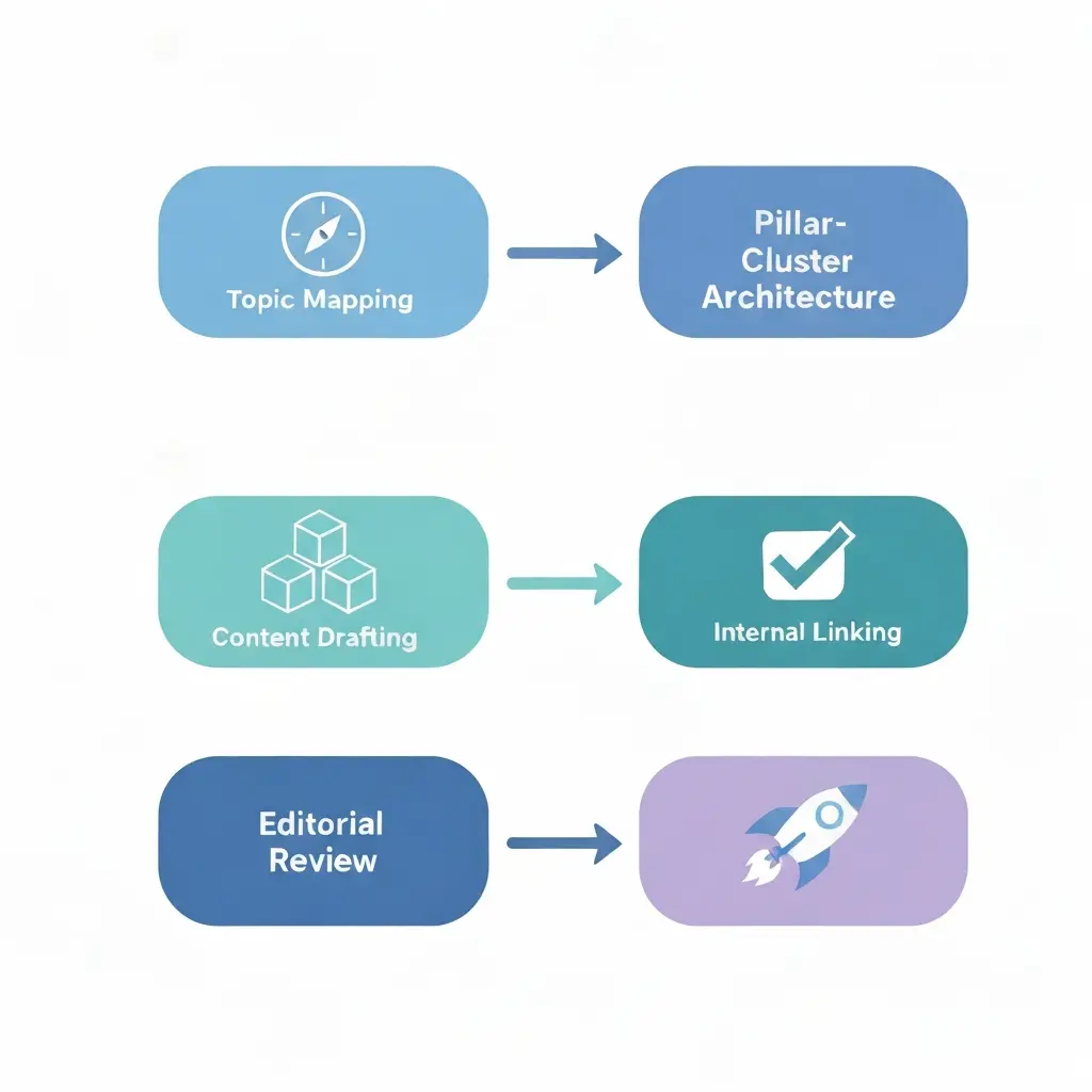 AI-driven SEO content generation workflow diagram showing topic mapping, pillar-cluster architecture, drafting, editorial review, internal linking, and publication stages