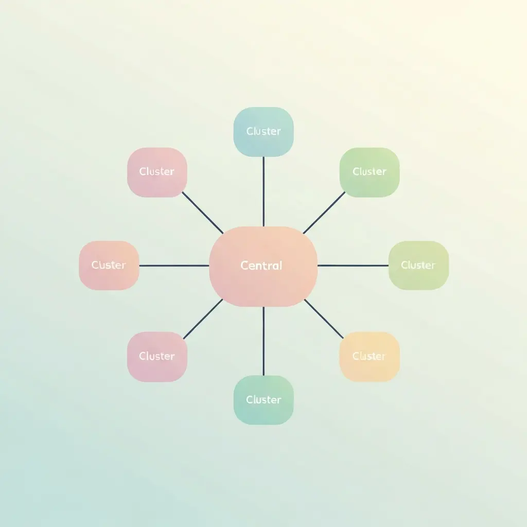 Topical authority pillar-cluster diagram showing how pillar pages connect to cluster articles and supporting content in a hub-and-spoke SEO architecture