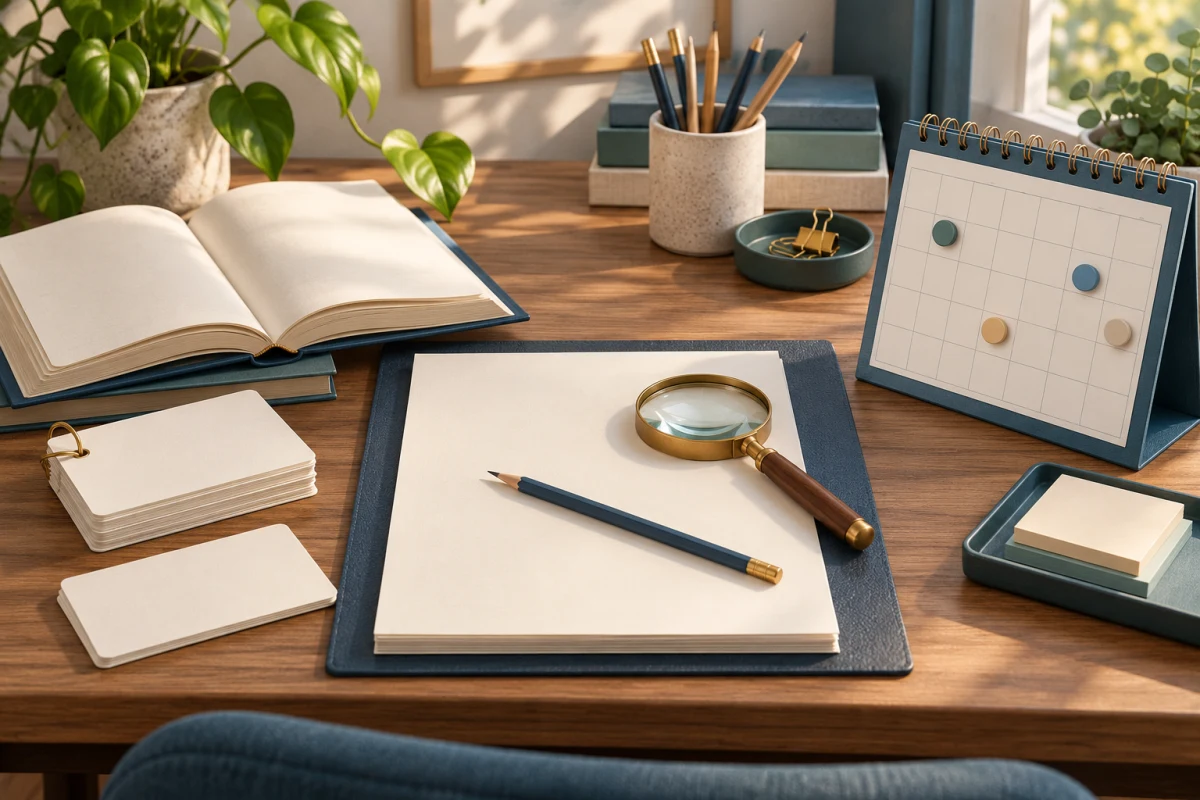 Blank research cards, manuscript with magnifying glass and a planning calendar on a desk