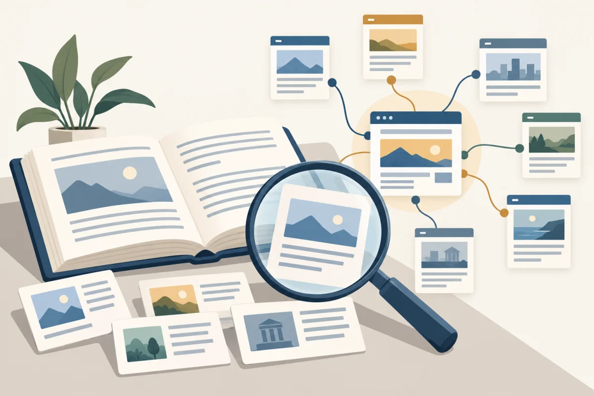 Open research book, source cards and connected article pages under a magnifying glass