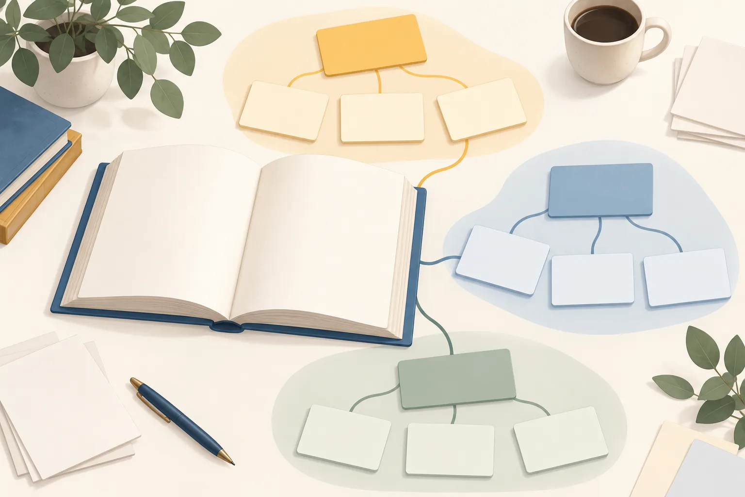 Open book connected to groups of blank cards representing related content topics