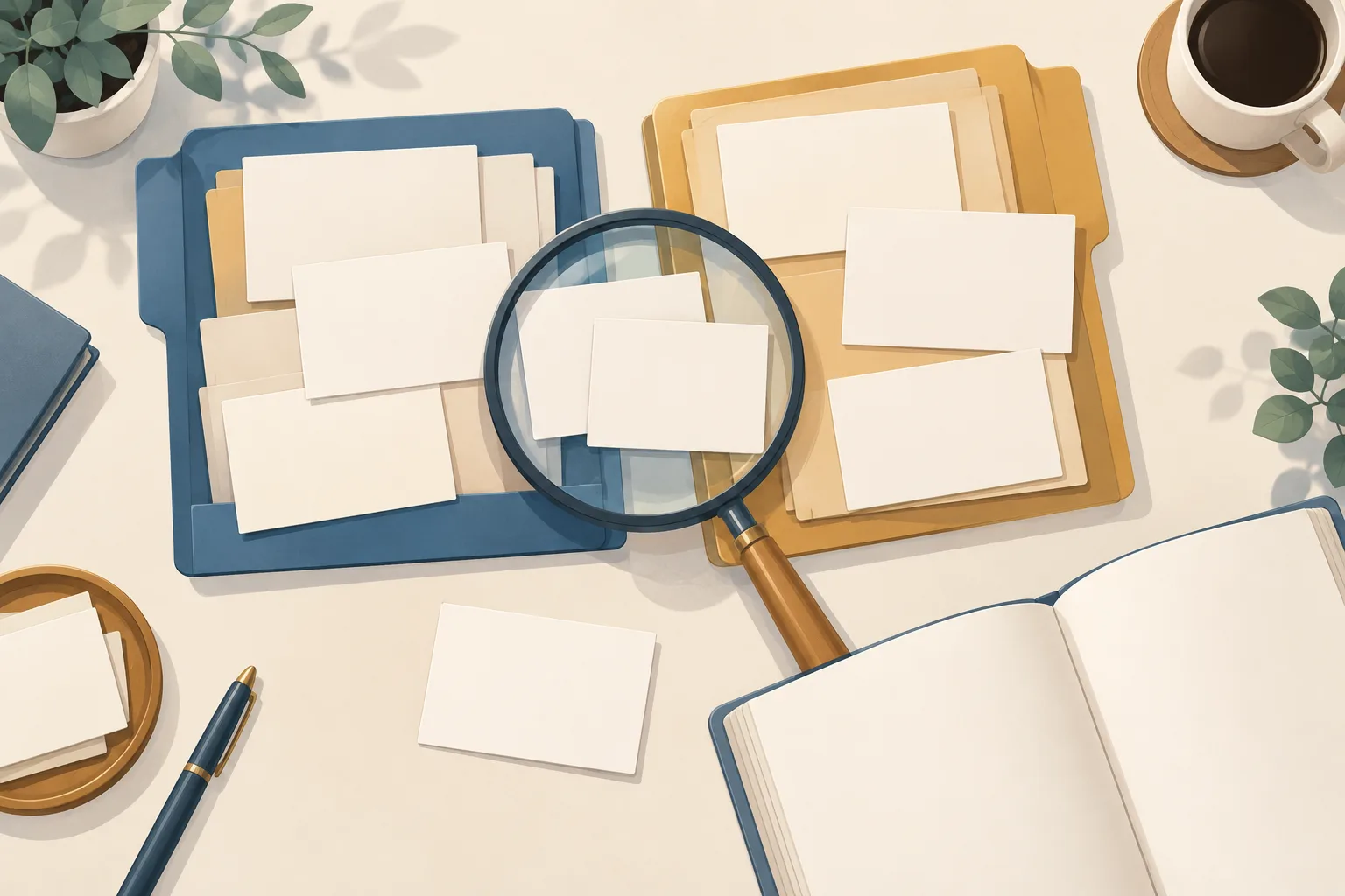 Magnifying glass comparing blank research cards in two folders beside an open book